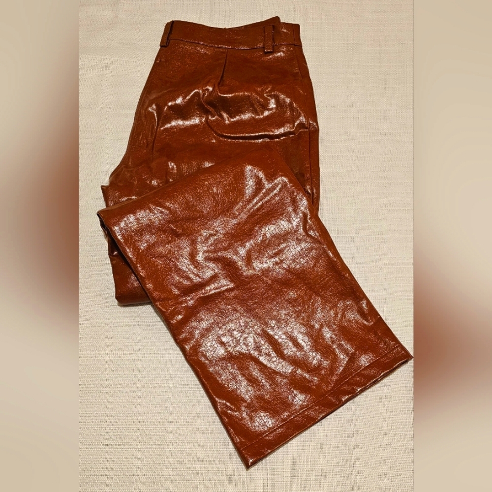 Women's Vegan Leather Wide Leg Pants, Color: Brick red, Size:L